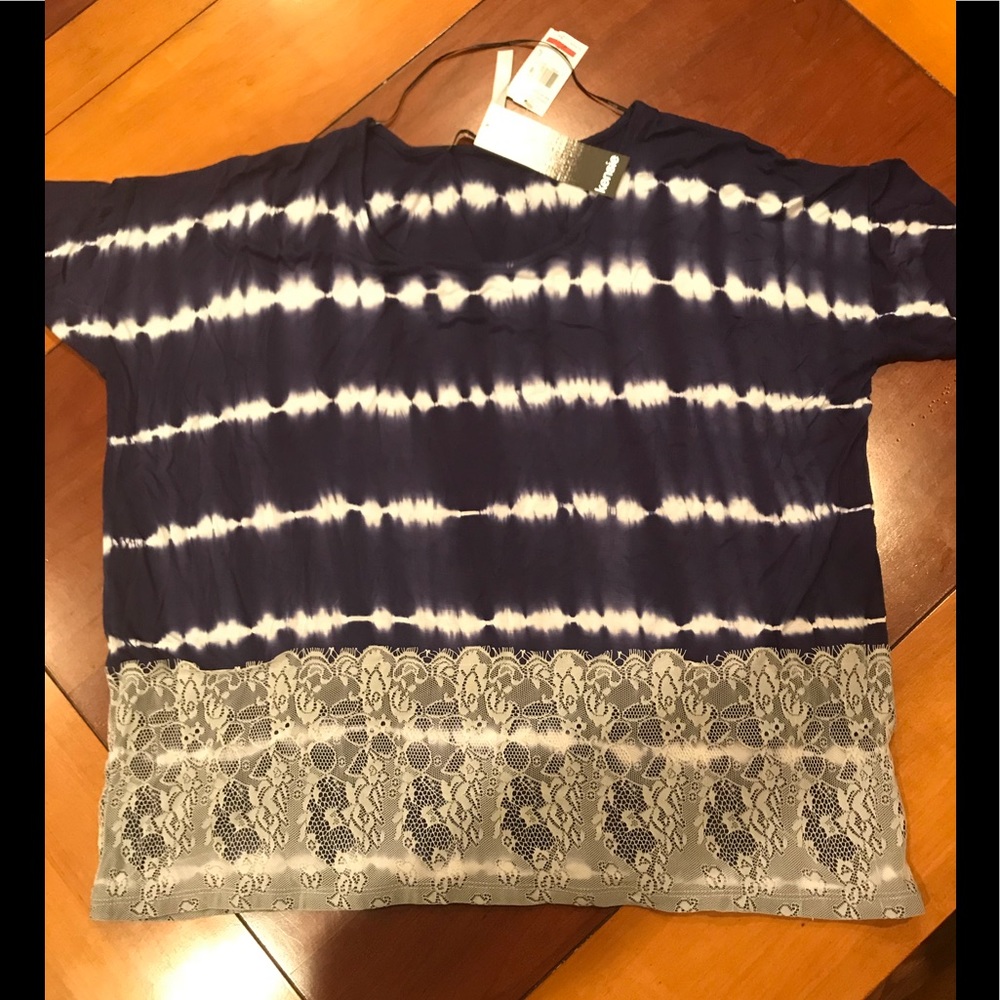 New! Navy tye dye top with lace, XL.